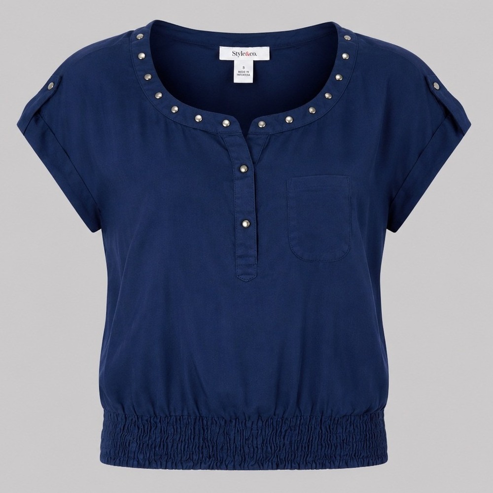 Style & Co Womens Blue 100% Linen Studded Smocked Hem Blouse Top Size 6 NWT